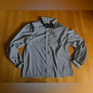 Vintage Jordan Blouse in Black White Houndstooth with Flowy Back Pleat, Size 5/6